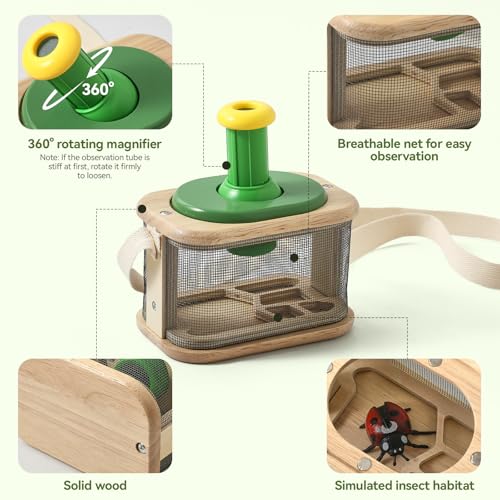 Wooden Bug Catcher for Kids, 360° Rotating Magnifier, Insect Explorer kit, with Bug Habitat, Butterfly Net, Bug Tongs, 10 Insect Cards, Montessori STEM Nature Toy for Outdoor