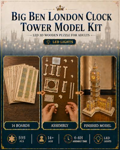 LED 3D Wooden Puzzle for Adults,BigBen London Clock Tower Model Kit,Gift