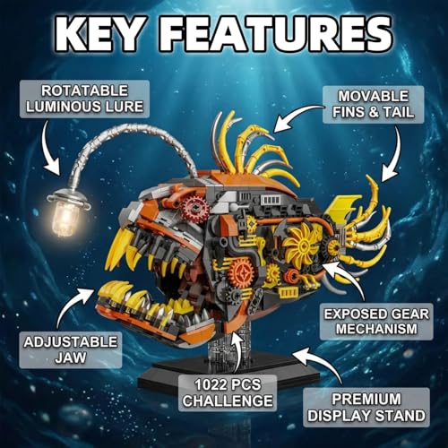 HJPLPXH Mechanical Angler Fish Building Set with Light, Lantern Fish Model - style: Angler Fish