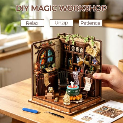 Book Nook Kit – DIY Miniature House Kit, Book Nook Kits for Adults, 3D Wooden Puzzle Craft Workshop Scene, Bookshelf Decor Insert, Home Office & Study Room Gift