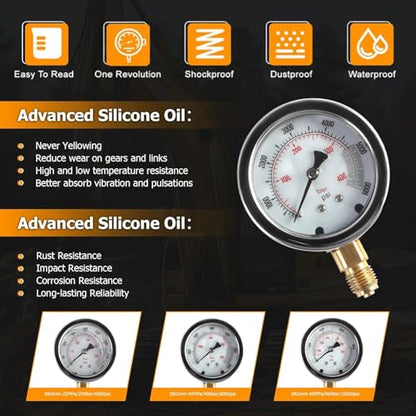Hydraulic Pressure Test Kit with 3 Gauges 25/40/60MPa, 8 Test Couplings, Quick Connector 3 Test Hoses, Hydraulic Gauge Kit with Carrying Case for Excavator Loaders Construction Machinery - size: 3 Gauges 8 Test Couplings