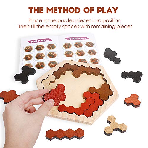 Wooden Hexagon Montessori Tangram Puzzle, STEM Brain Teaser for All Ages