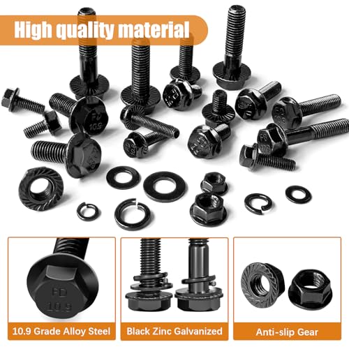 mankk 248PCS Metric Flange Hex Bolts and Nuts Kit M6x1.0 Bolt (12mm to 35mm) Grade 10.9 Black Alloy Steel Class Hex Bolts and Nuts Washers Kit for Automotive - size: 248PCS M6, style: Flange Bolt