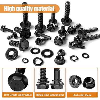 mankk 248PCS Metric Flange Hex Bolts and Nuts Kit M6x1.0 Bolt (12mm to 35mm) Grade 10.9 Black Alloy Steel Class Hex Bolts and Nuts Washers Kit for Automotive - size: 248PCS M6, style: Flange Bolt
