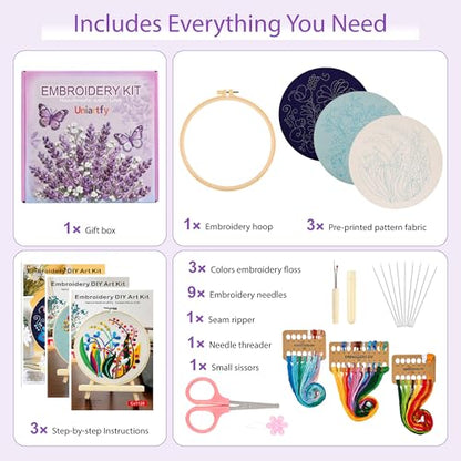 Uniartfy 3 Pack Embroidery Starter Kit for Beginners, Stamped Cross Stitch Kits for Adults with Flowers Plants and Fruits Patterns with 1 Embroidery Hoop and Color Threads, Handmade Needlepoint Kits - color: Embroidery Kit-J