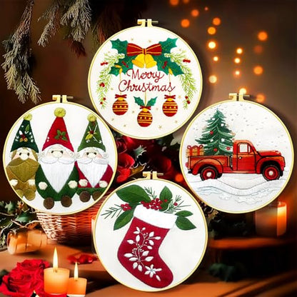 Zhenqing Christmas Embroidery Kit for Beginners - 4 Piece 29x29cm Round Hoop Art with Pre-Printed Cotton Fabric, Embroidery Hoop, Threads & Tools (Merry Christmas, Stocking, Truck, Gnomes) - style: Merry Christmas+Stocking +Truck+Gnomes