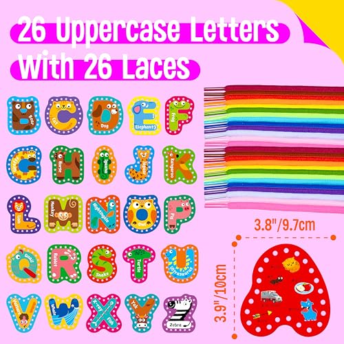SpriteGru 26PCS Kids Lacing Cards, 26 Double Sided Uppercase Sewing Cards with 26 Colorful Laces, Imagination Development Lacing Toys Games for Children Educational and Learning Activity - color: Uppercase Letters