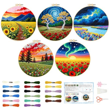 ACRNIGHEET 5 Pack Embroidery Kit for Beginners Adults, Stamped Cross Stitch Kits, Hand Embroidery Starter Kit Including 5 Stamped Embroidery Cloth, Colorful Threads, Hoop, Instruction, Gift Idea - style: Landscape Painting Patterns -5pcs