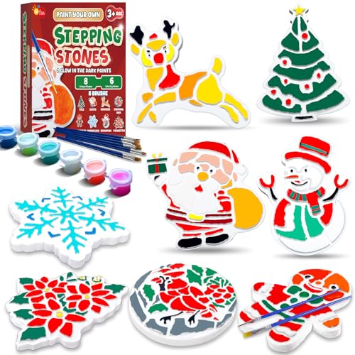 EggSun 8Pcs Stepping Stones Painting Crafts Kit for Kids 4 8 6, DIY Garden Stones Outdoor Paint Your Own Ceramic Unicorn Arts and Crafts for Boys Girls Ages 4 7 9 10 12 Christmas Birthday Gifts - style: Christmas