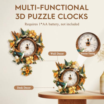 3D Puzzles for Adults Wooden Hummingbird Puzzle Clock Adult Crafts - color: Hummingbird Clock