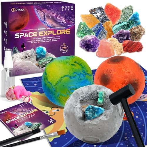 PIBEX Gemstone Dig Kit, Dig up 15 Rocks & Minerals from Earth Moon Mars, Solar System Planets Geology Science Set, Space Rock Mining Toys for Kids, STEM Gift for Boys & Girls Age 6-8-12 - size: 3 Planets (15 Stones)