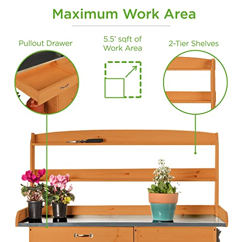 Best Choice Products Outdoor Garden Wooden Potting Bench Work Station w/Metal Table Top, Pre-Stained Finish, Cabinet, Sliding Drawer, Large Bottom Shelf - Brown