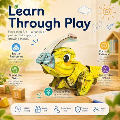 MierEdu Build 'N' Sound 3D Puzzle for Kids, Animal Puzzle with Sound Module, Educational STEM Craft Kit, FSC Paper Model Building Toy Gift for Ages 6+ - color: Parasaurolophus