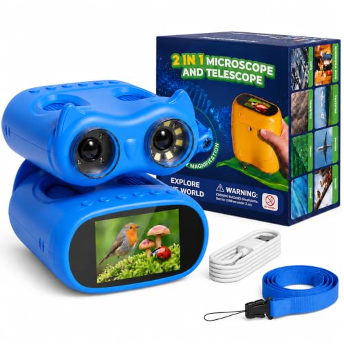 2-in-1 Kids Microscope and Telescope, 1000X Handheld Digital Microscope for Kids, 2.0" Screen, 8 LEDs, 10X Pocket Telescope for Outdoor, 1080P Camera STEM Toys Gifts for Boys Girls 4-12, Blue - color: Blue