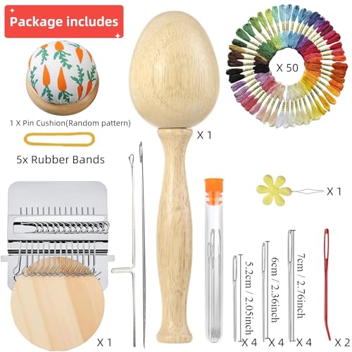 Darning Egg - Mini Darning Loom, Darning Egg Weaving Tool Set with Small Weaving Loom Kit with 14 Pcs Large Eye Needles 50 Colors Darning Thread for Handcraft DIY Weaving Repair Tool