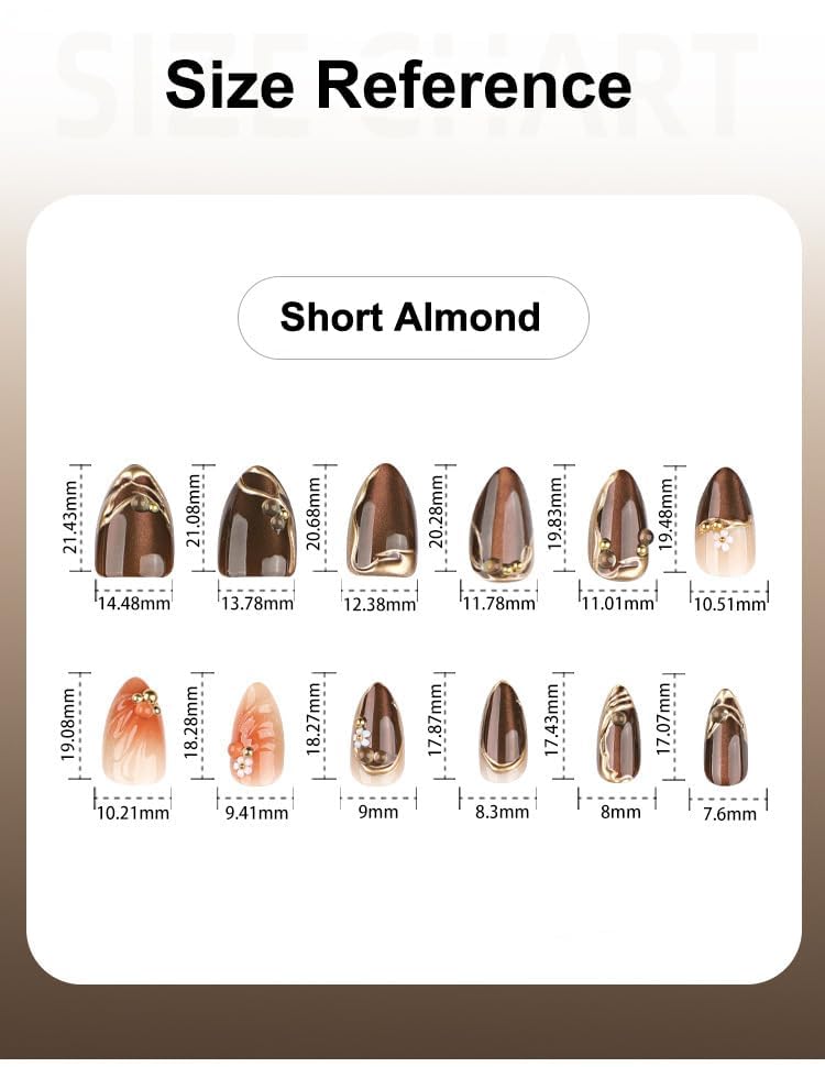 Almond Press on Nails Short Brown Fake Nail Gold Embossed Acrylic Nail Press ons Daisy Charm Stick on Nail for Women 24pcs - color: Color32