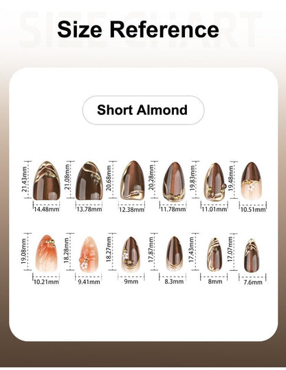 Almond Press on Nails Short Brown Fake Nail Gold Embossed Acrylic Nail Press ons Daisy Charm Stick on Nail for Women 24pcs - color: Color32