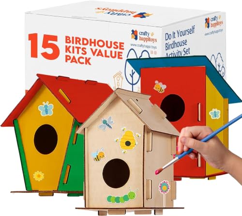 Wooden Birdhouses to Paint - 15 Bulk DIY Bird House Craft Kits for Kids