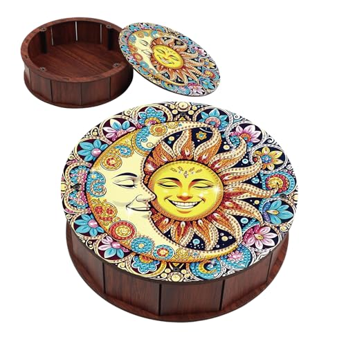 antor Sun & Moon Diamond Painting Storage Box, Round Wooden DIY 5D Crystal Diamond Art Desktop Ornament Organizer, Handmade Jewelry or Money Storage Box, Home Office Decor Crafts Gifts - color: Sun and Moon