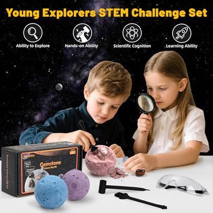 Gemstones Dig Kit, Science Kit for Kids, Dig up 15 Real Gems & Explore Solar System, STEM Educational Mining Space Toys, Archaeology Geology Science Experiments Gift for Boys&Girls Age 6-8-12