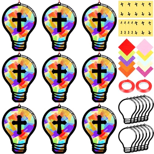 Renbuzhu 48PCS Sunday School VBS Crafts Bulk: Paper Lightbulb Cross Nativity Suncatchers, Jesus Religious Christian Activity DIY Kits Church Decorations, Window Stained Glass Effect Art Supplies - style: bulb cross