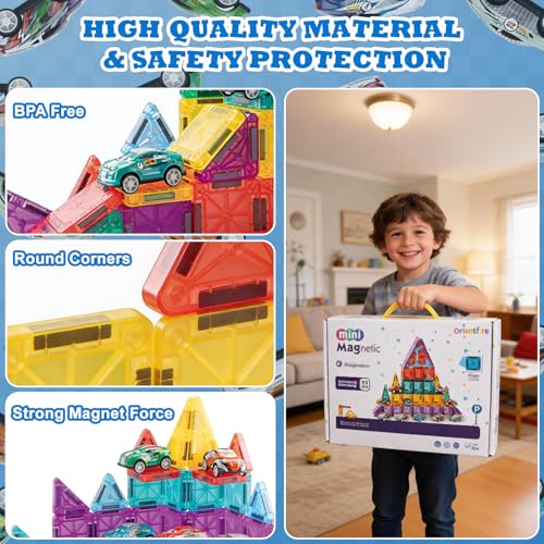 Mini Magnetic Tiles 93PCS Set with 12 Cars, STEM Building Blocks for Kids - size: 93PCS