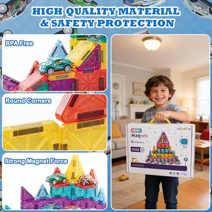 Mini Magnetic Tiles 93PCS Set with 12 Cars, STEM Building Blocks for Kids - size: 93PCS