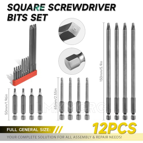 Square Drive Bits 12pcs Magnetic Square Head Screwdriver Bits SQ2 High Magnetic Drill Bit Set (50mm 65mm 150mm) for Power Screwdriver Drill Impact Driver - color: Square Head