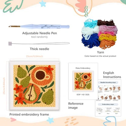 SDOYUNO Punch Needle Kit with Frame for Adults Beginners Kits 9.84 x 9.84 Inch Embroidery Starter Kits Punch Needle Kit with Fruit Pattern, Threader, Yarns, Rug Punch, DIY Craft Kits (Apricot) - color: apricot