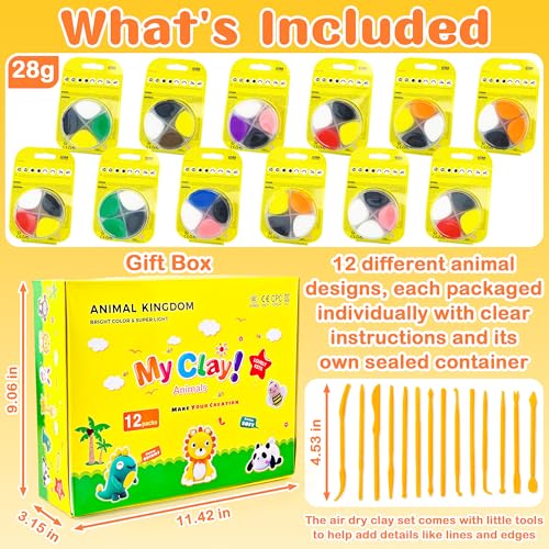 LanMa Air Dry Clay Kit for Kids, 12 Pack Animal Air-Dry Art Kits with Ultra Light & Soft Modeling Clay, Instructions, Sculpting Tools, Christmas Birthday Gifts for Boys Girls - color: Animals