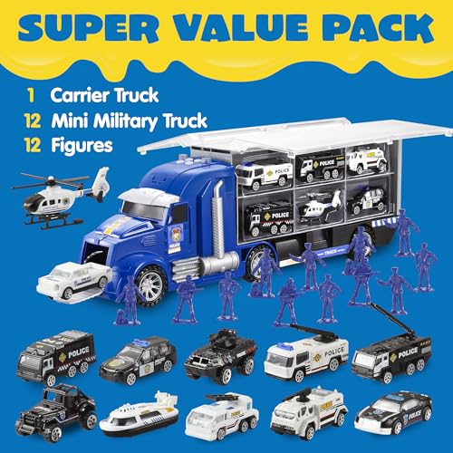 JOYIN 25 in 1 Police Rescue Truck Car Toy Set with Sounds and Lights, Mini Vehicles in Carrier Truck, Play Police Patrol Rescue Vehicle Toy, Birthday Gifts for Over 3 Years Old Boys - style: Police Truck