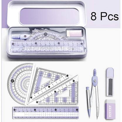 8 Pcs Purple Geometry Set Cute Compass Set with Maths Protractor Rulers, Math Set for Drawing Measuring Tools, Kawaii Ruler Kit for Class Women Girls School Supplies (Purple) - color: Purple