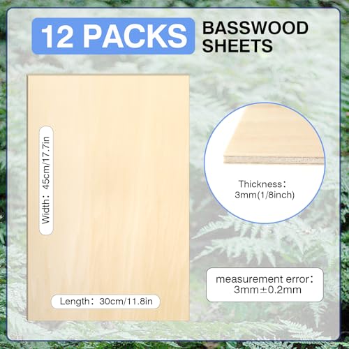 12 Pack Basswood Sheets for Crafts 12 x 18 x 1/8 in, 3mm Thick Unfinished Plywood for Laser Cutting & Engraving, DIY Ornaments and Architectural Model - size: 12"x18"x1/8"