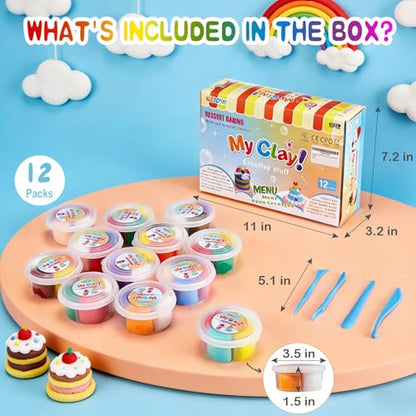 Dessert Clay Kit for Kids – 12 Sweet Treat Themes with Tools & Tutorials | Cupcake Macaron Cake DIY Set | Non-Sticky Modeling Clay | Classroom Party Gift Ages 3+ - color: 12 Boxes of Desserts