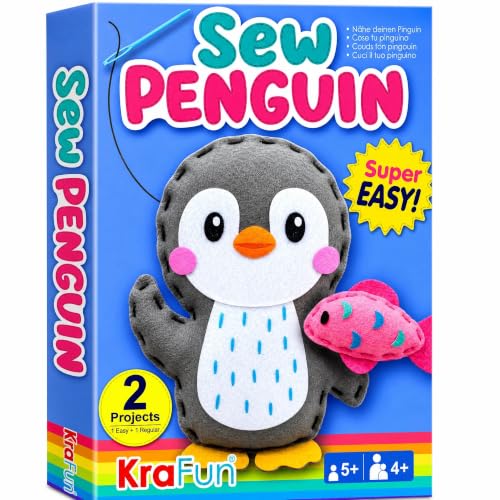 KRAFUN Beginner Sewing Kit, Sew Penguin & Fish, Pre-Cut Felt, Kids Ages 5+ - color: Penguin