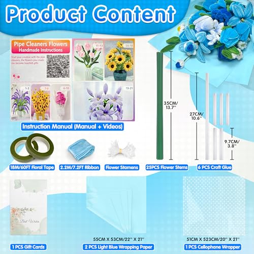 LINAYE 500 PCS Pipe Cleaners Craft, 6 Colors Pipe Cleaners Flowers Kit, Chenille Stems for Crafts with Instruction Wrapping Paper, Flower Stamens, Stems Art and Craft Supplies Blue - color: Blue