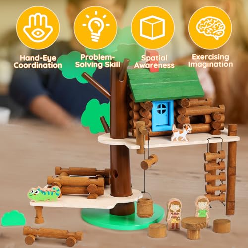 SainSmart Jr. 2-Tier Wooden Tree House Building Set – Educational Gift for Kids, Creative STEM Toy with Cabins and Interchangeable Leaves, STEM Retro Classic Toy Compatible with Lincoln Logs - style: 2-Tier Tree House - 84 Pcs