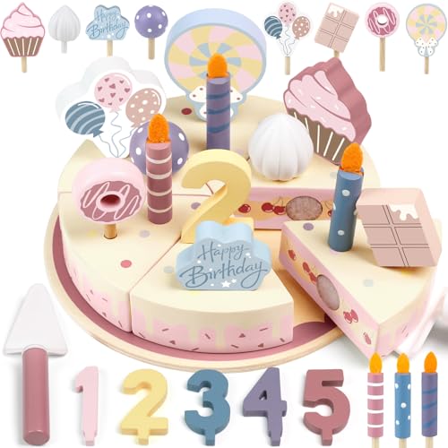 Wooden Birthday Party Cake Play Food Sets for 3 4 5 Year Old - color: Pink