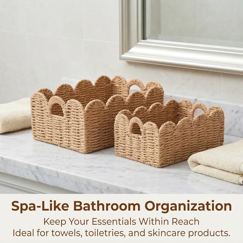 Scalloped Wicker Baskets Set of 3, Hand-Woven Storage with Handles - color: Tan