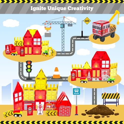 Magnetic Tiles Fire Truck Set,Magnet Blocks for Kids Ages 4-8 Boy STEM Toys - style: 56PCS Fire Station Magnetic Tiles