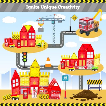 Magnetic Tiles Fire Truck Set,Magnet Blocks for Kids Ages 4-8 Boy STEM Toys - style: 56PCS Fire Station Magnetic Tiles