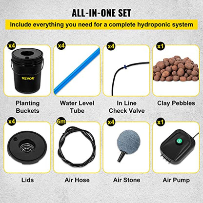VEVOR DWC Hydroponic System, 5 Gallon 4 Buckets, Deep Water Culture Growing Bucket, Hydroponics Grow Kit with Pump, Air Stone and Water Level Device, for Indoor/Outdoor Leafy Vegetables - style: 4 Buckets