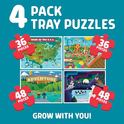 Chuckle & Roar Puzzles for Kids Ages 4-6, Portable Tray, 4 Pack, 36 & 48 Pc
