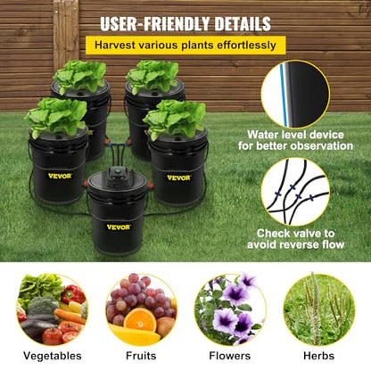 VEVOR DWC Hydroponic System, 5 Gallon 5 Buckets, Deep Water Culture Growing Bucket, Hydroponics Grow Kit with Pump, Air Stone and Connected Reservoir, for Indoor/Outdoor Leafy Vegetables - style: 5 Buckets
