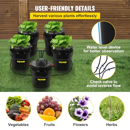VEVOR 5 Buckets DWC Hydroponic System, 5 Gallon, Deep Culture, Plants Grow Kit with Pump, Air Stone and Water Level Device, for Indoor/Outdoor Leafy Vegetables, Black - style: 5 Buckets