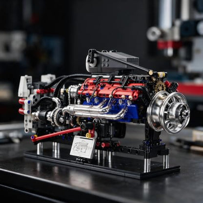 V8 Engine Model Kit, 1151 Pieces, Hand Crank, Transparent Case