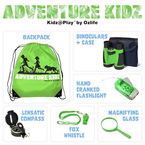Adventure Kidz Outdoor Exploration Kit, Children’s Binoculars with Case, Flashlight, Compass, Whistle, Magnifying Glass, Backpack. Great Kids Gift Set for Camping, Hiking, STEM and Pretend Play - color: Lime