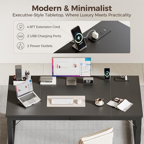 Mericonia 63 Inch Computer Desk with Power Outlets, 1.2" Thick Office Table - color: Black, size: 63*23,1.2"T