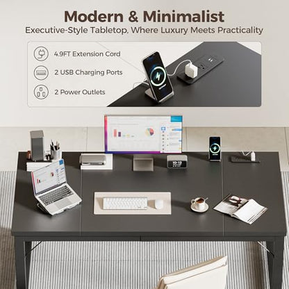 Mericonia 63 Inch Computer Desk with Power Outlets, 1.2" Thick Office Table - color: Black, size: 63*23,1.2"T