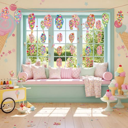 DoubleFill 48 Pcs Summer Ice Cream Suncatchers Craft Kits DIY Summer Ice Cream Stained Glass Effect Tissue Paper Kits Bulk for Window Decor Home Ornament Party Favors Art Activities - style: Summer Ice Cream